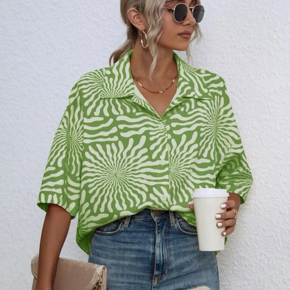 Yin & Yang Print Drop Shoulder Button Down Shirt